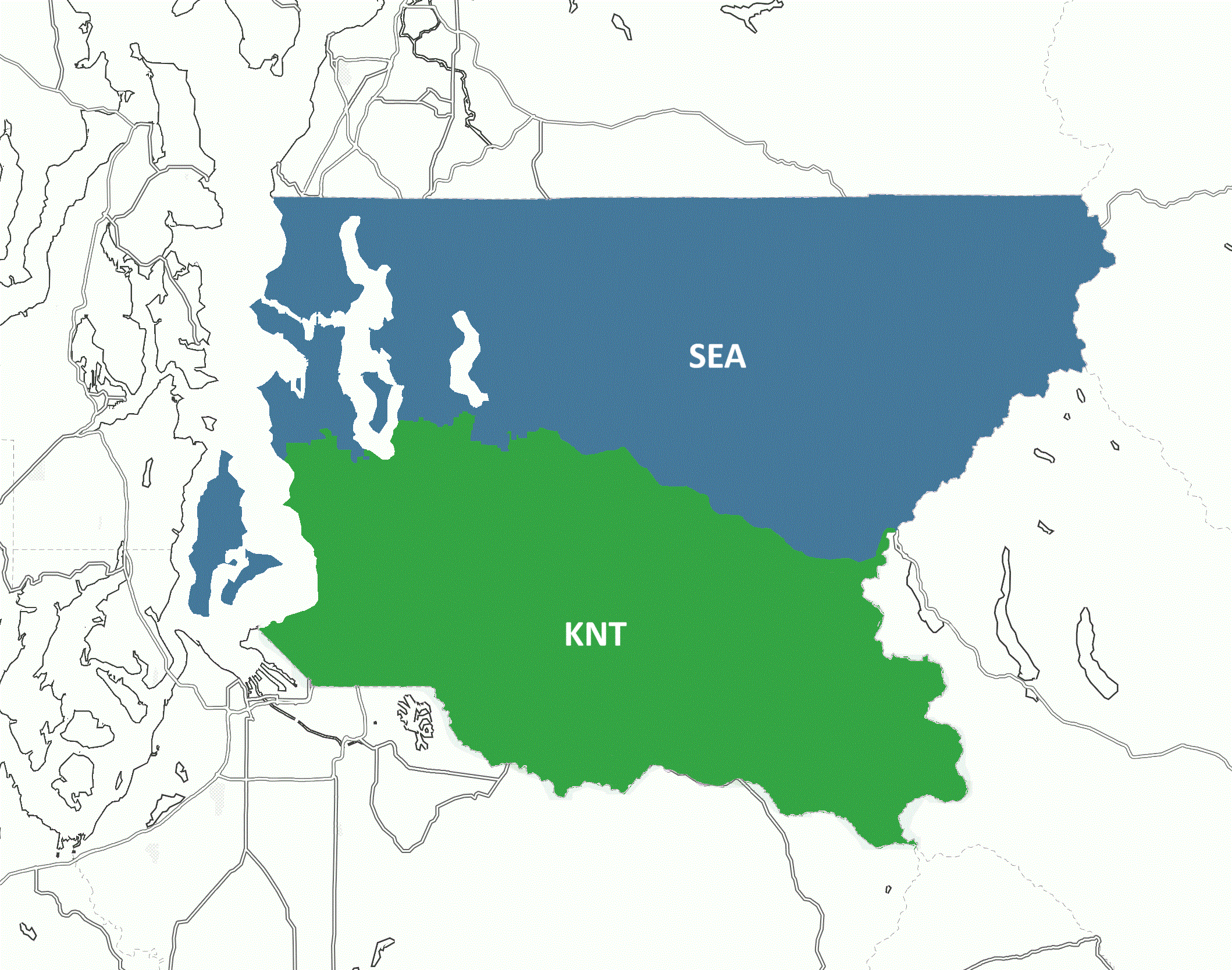 A map of King county showing divisions into Seattle and Kent courthouses.